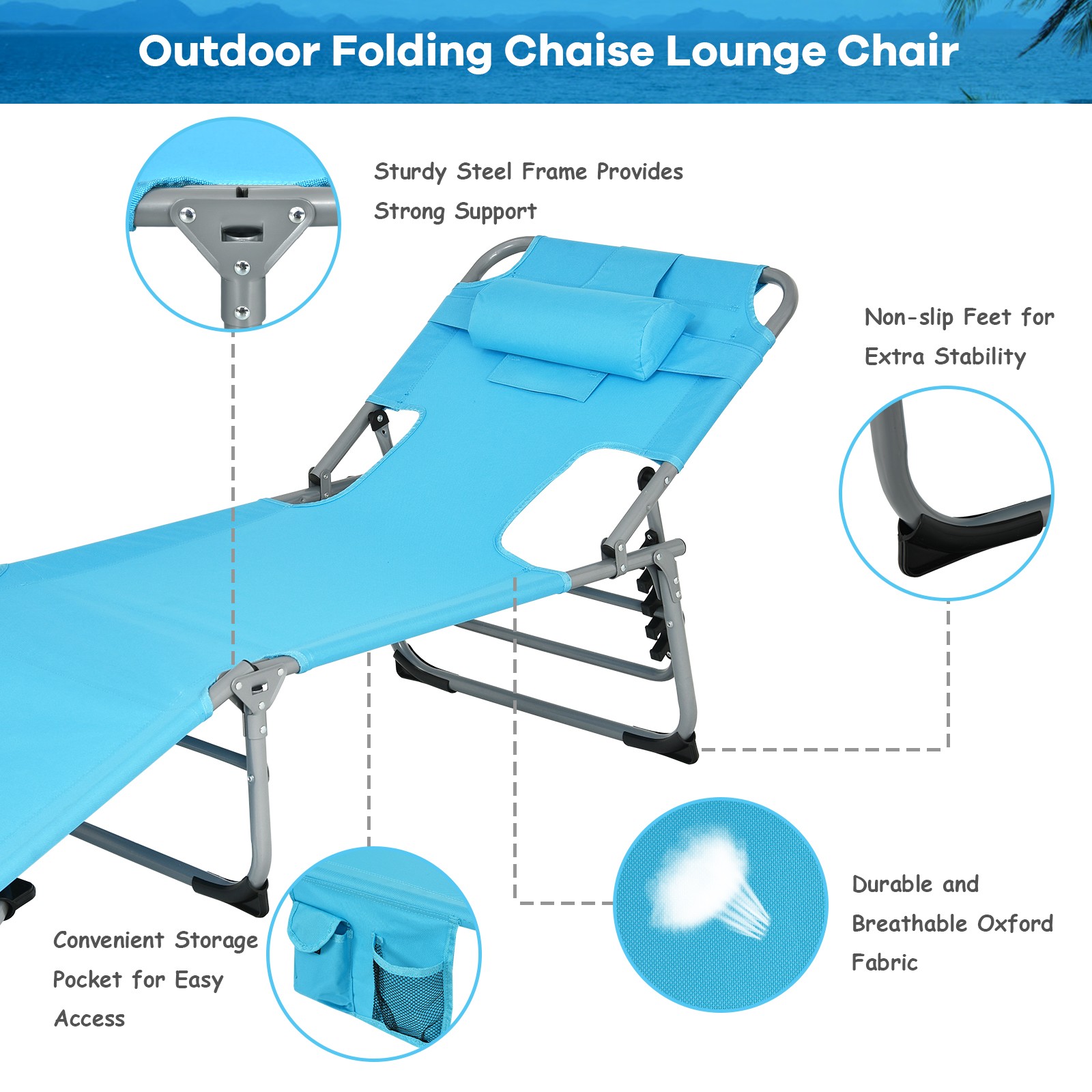 Costway Outdoor Beach Lounge Chair Folding Chaise Lounge with Pillow Turquoise