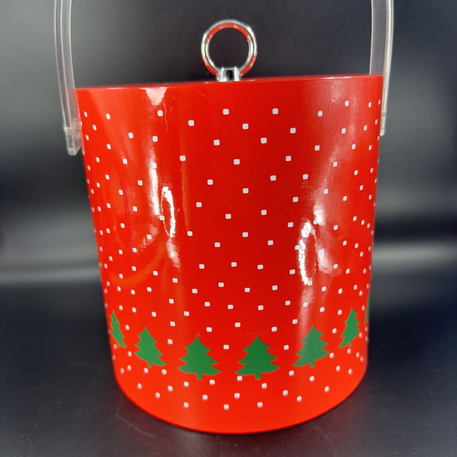 1980s Libbey Winterland Retro Bright Red Holiday Ice Bucket Vintage W Lid Decor