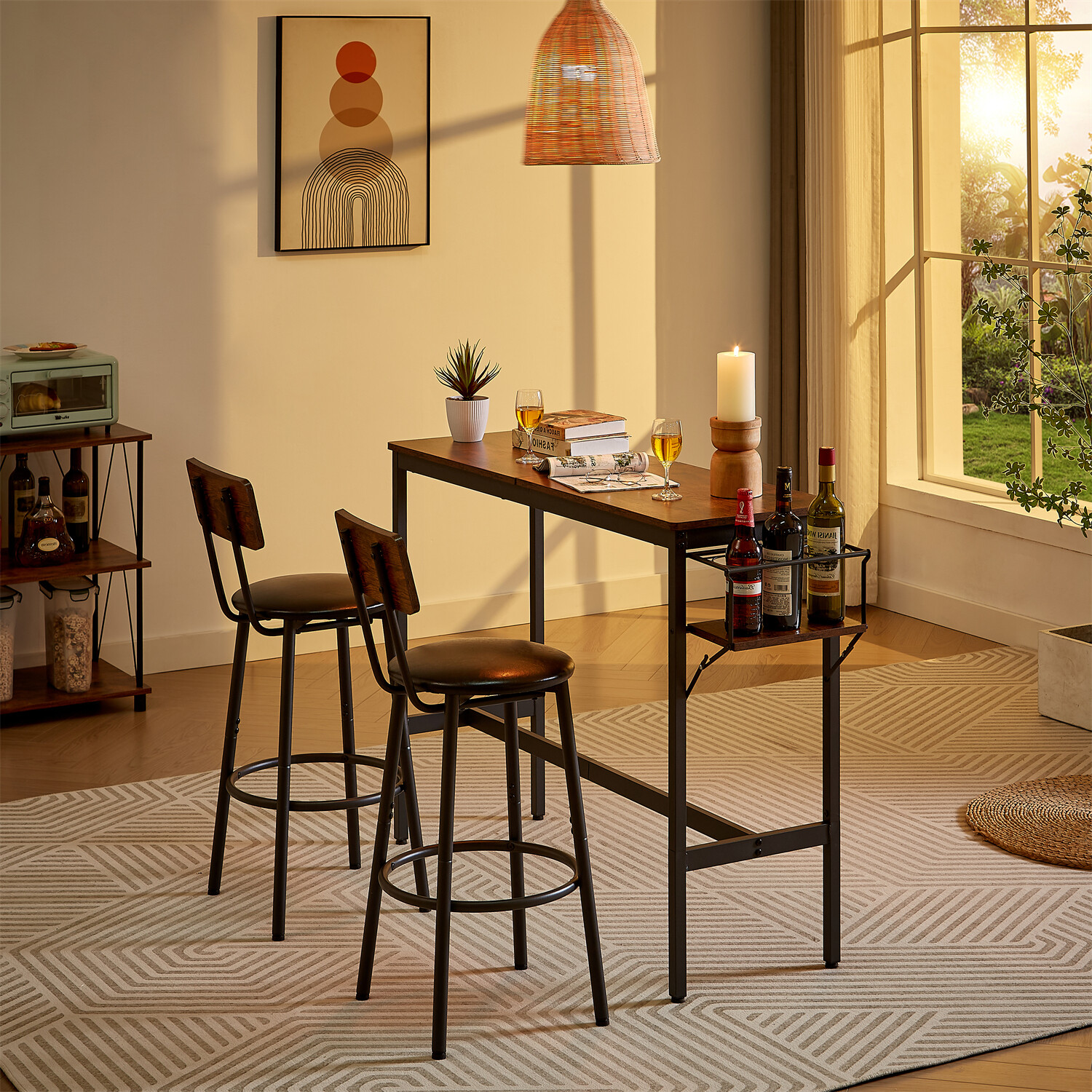 3/5 Piece Bar Table Set Counter Height Kitchen Dining Pub Table with Bar Stools