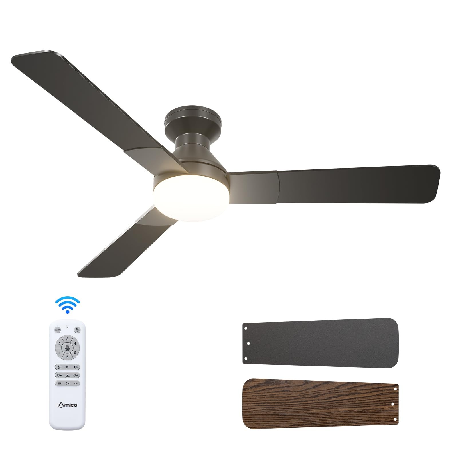 52 Inch Black Low Profile Ceiling Fans with Lights and Remote