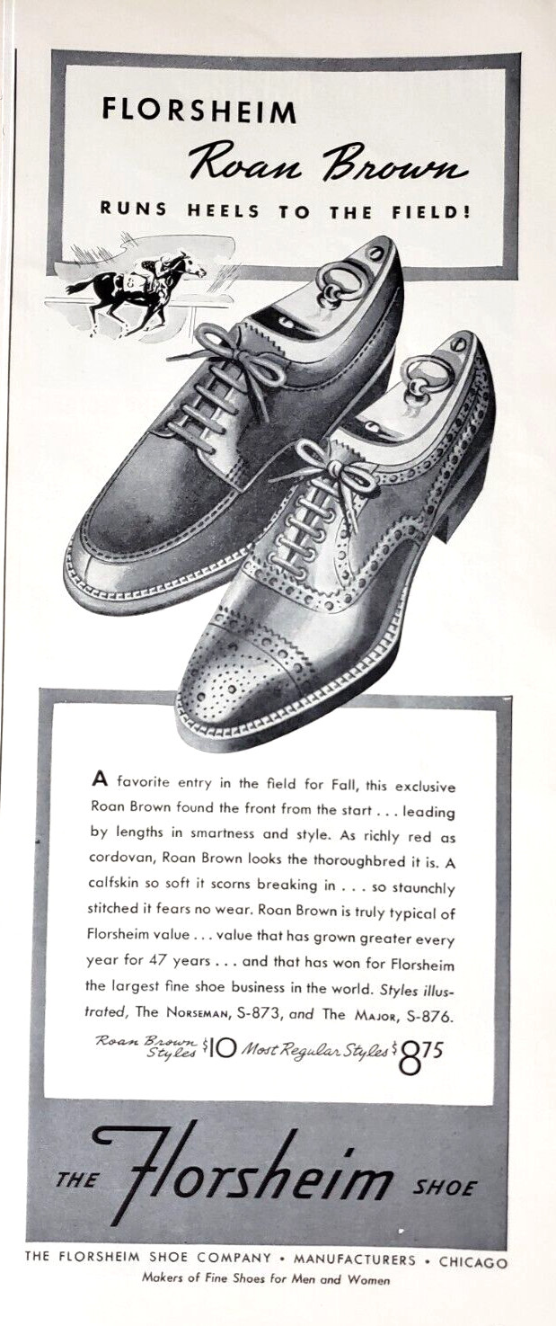 PRINT AD Florsheim Shoes 1939 5x13 Roan Brown Thoroughbred Racehorse
