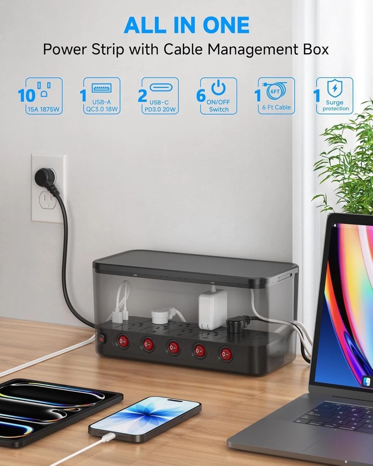 Black Power Strip Box: 10 AC + 3 USB Surge Protector, Cable Management, PD 20...