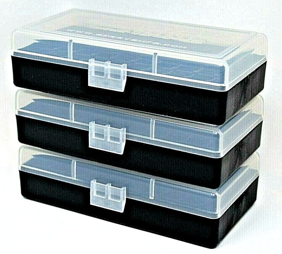 BERRY'S PLASTIC AMMO BOXES (3) CLEAR/BLACK 50 Round 40 S&W / 45 ACP
