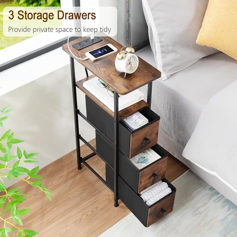 Slim End Table W/ Charging Station USB Ports Storage Drawers Small Spaces