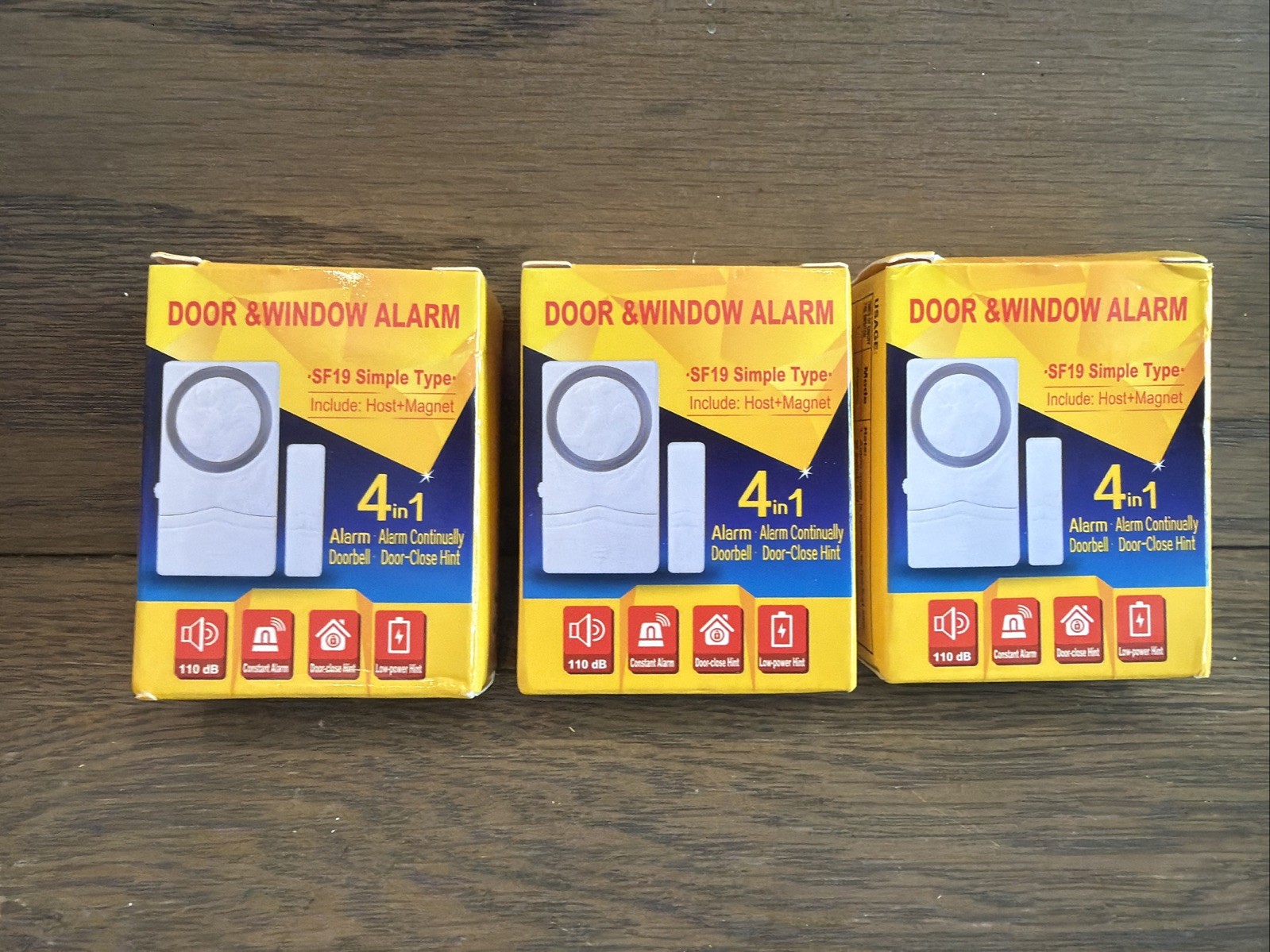 Door or Window Alarm, 110 db 4 in 1, model SF-19 set of 3; 2 New, 1 Opened