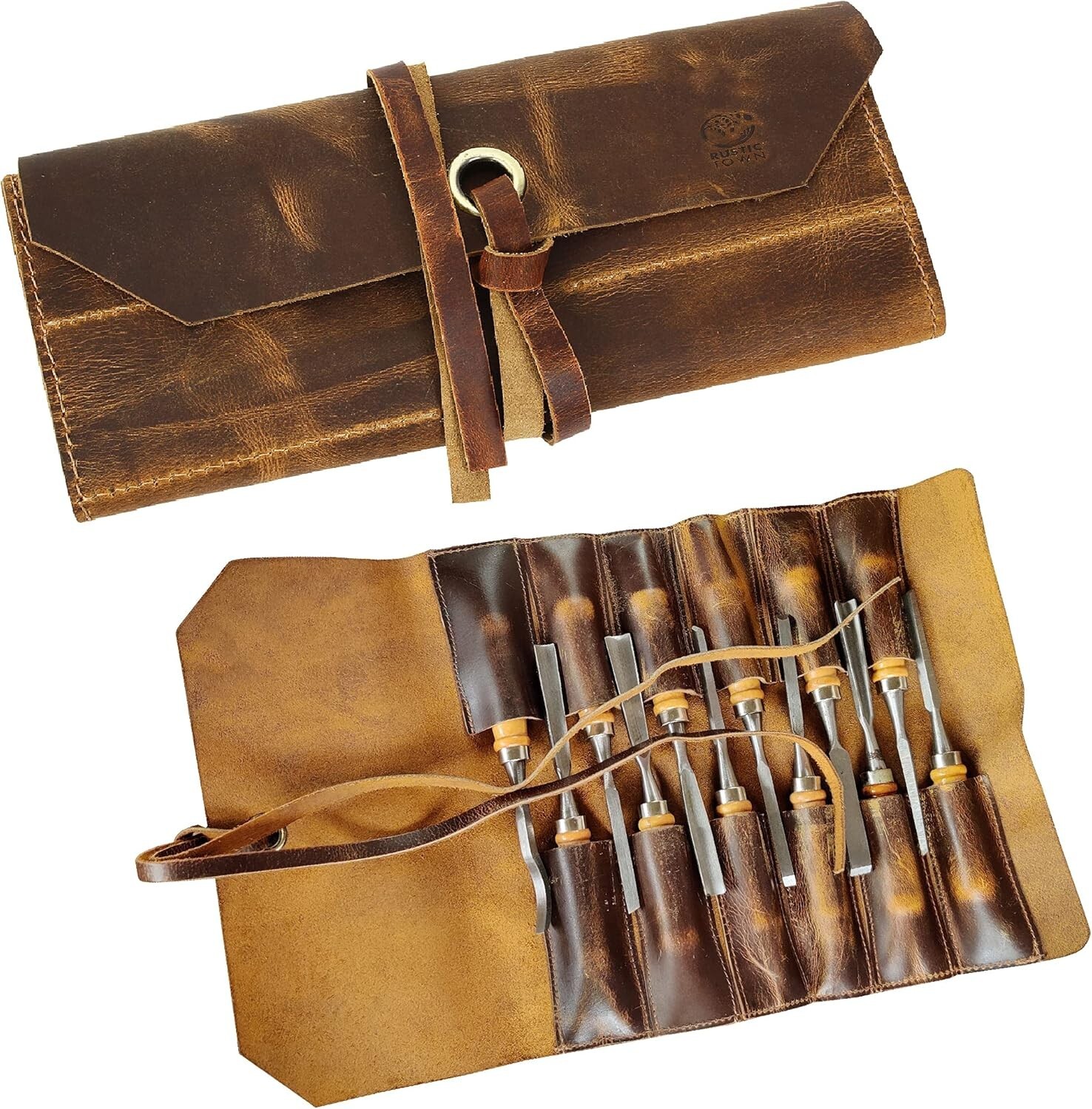 12 Pocket Leather Tool Roll for Mechanics - Compact & Durable Tool Storage.