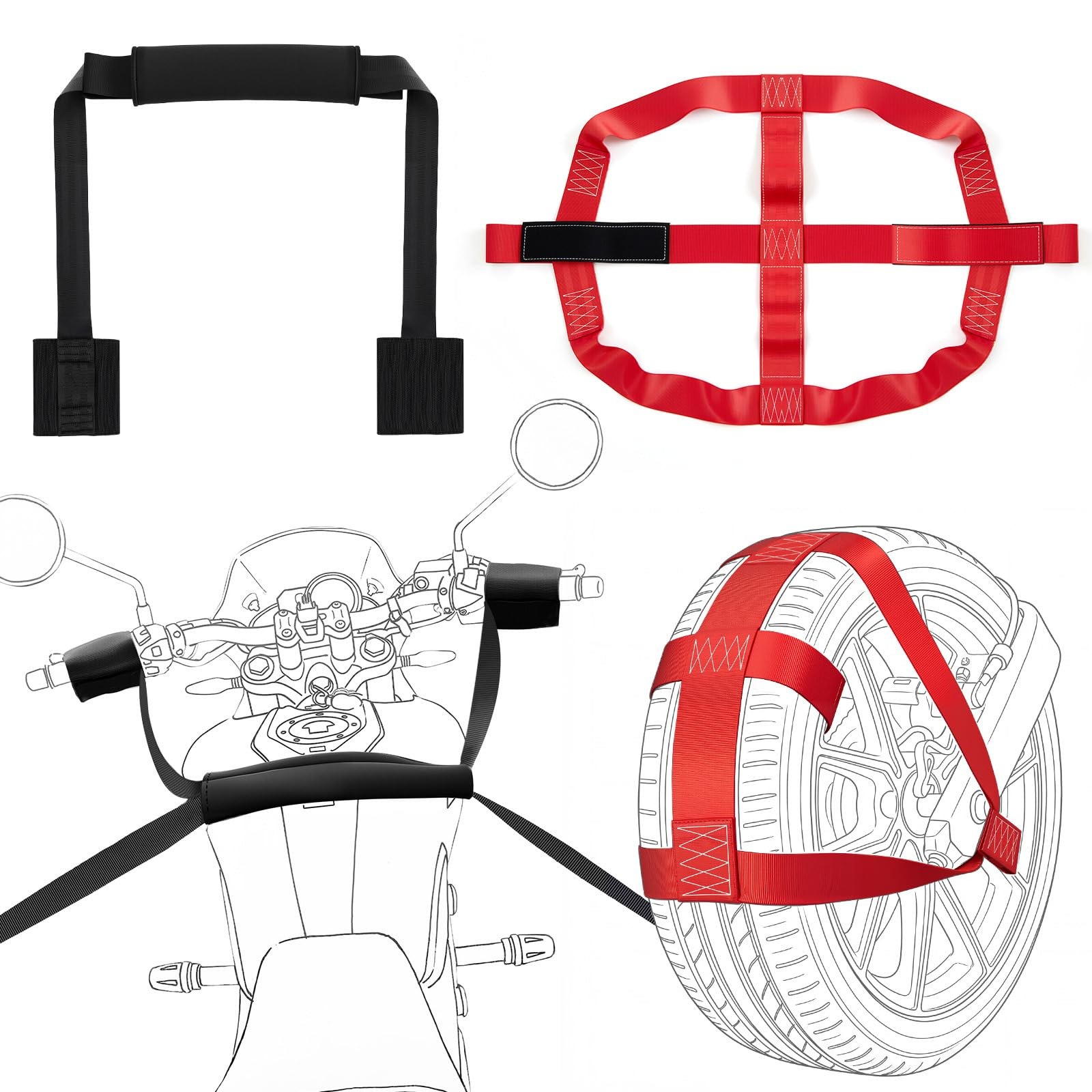 Outus Universal Motorcycle Transport Tie Down Straps Set Include Red