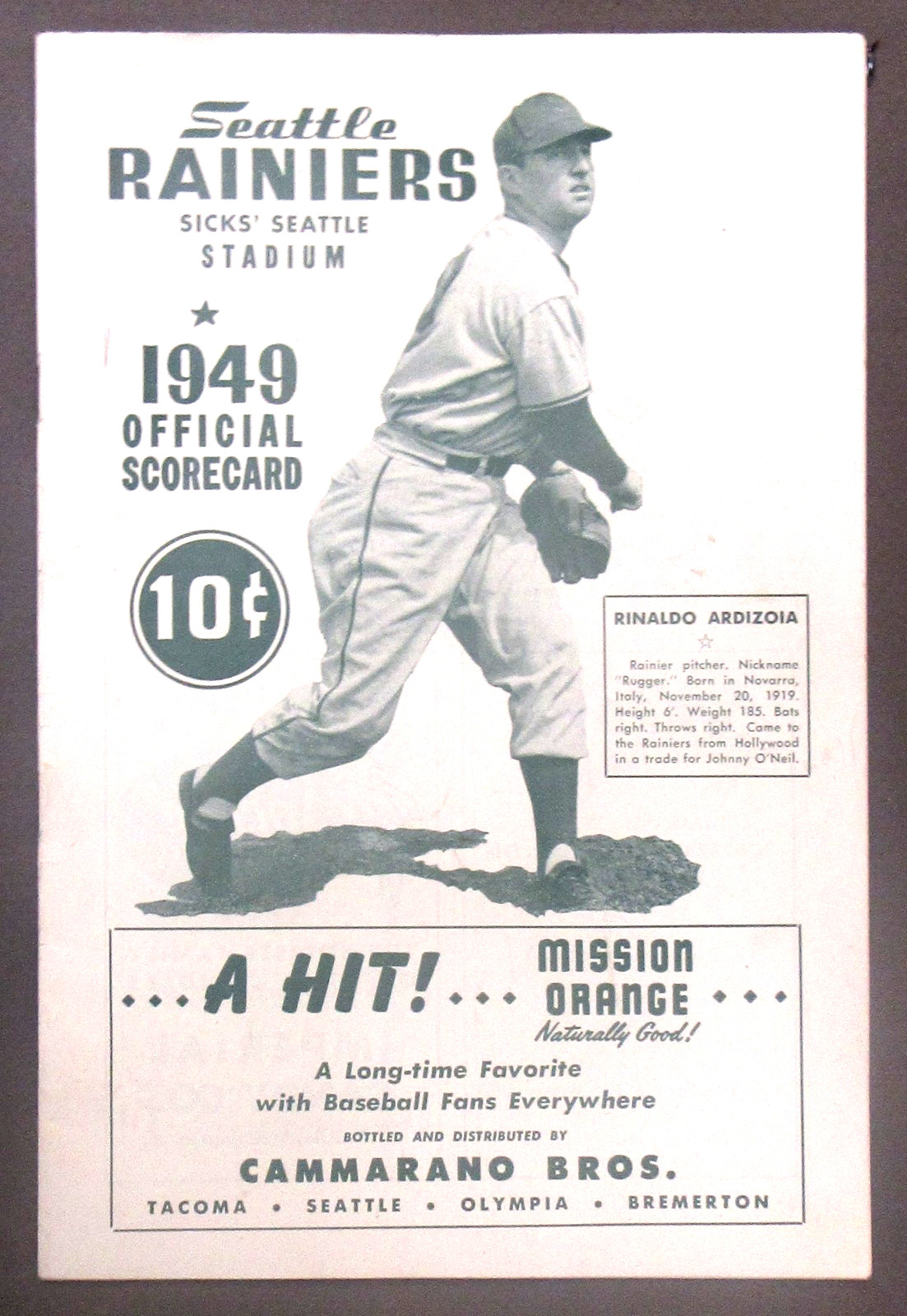 1949 S.D. PADRES at SEATTLE RAINIERS Rinaldo Ardizoia Program PCL baseball ev1