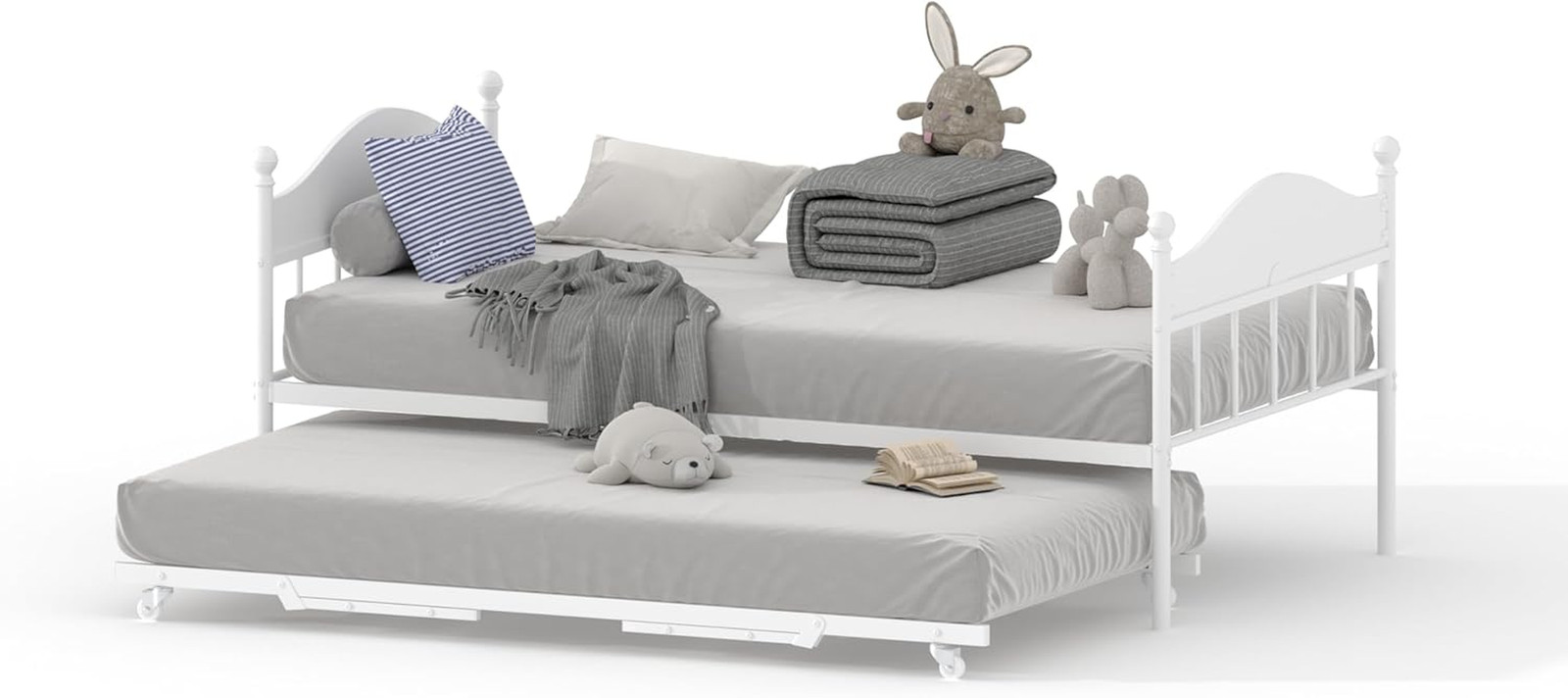 Twin Daybed with Trundle, Twin Bed Frame with with Stylish Headboard, Heavy Duty