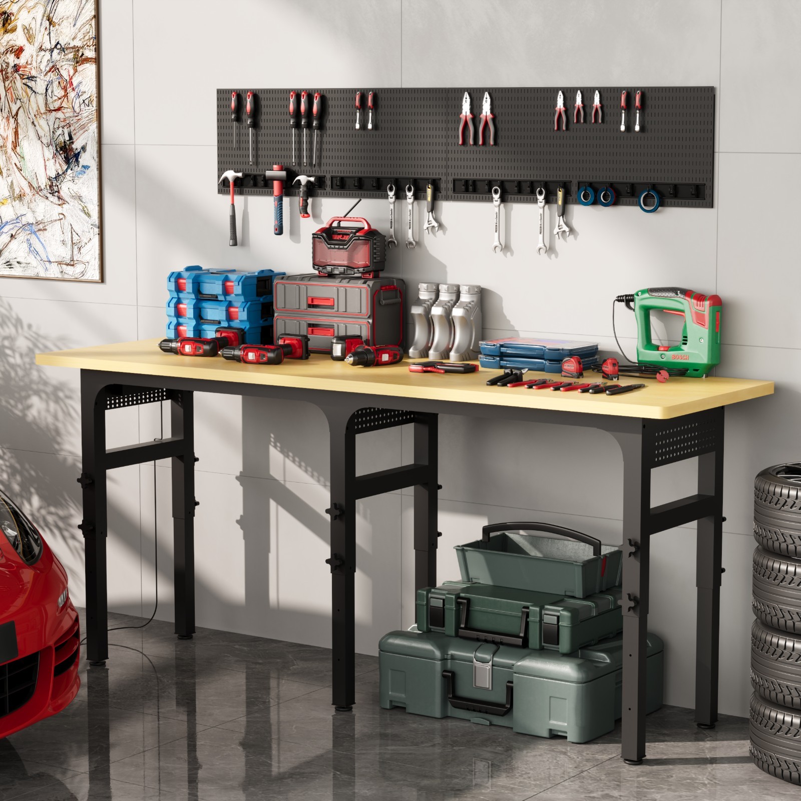 Adjustable Workbench, Work Benches for Garage with Pegboard and Power Outlet