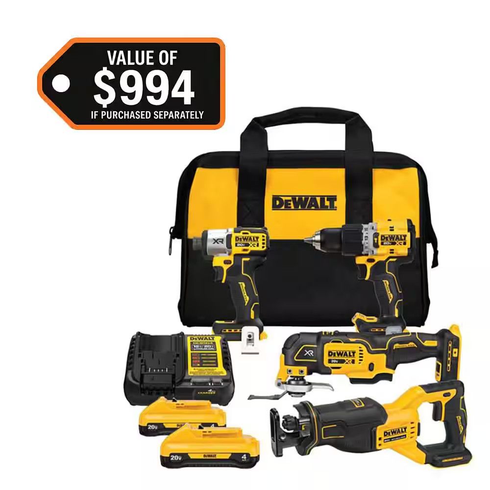 20V MAX Lithium-Ion Cordless 4-Tool Combo Kit with (2) 4.0 Ah Batteries and Char