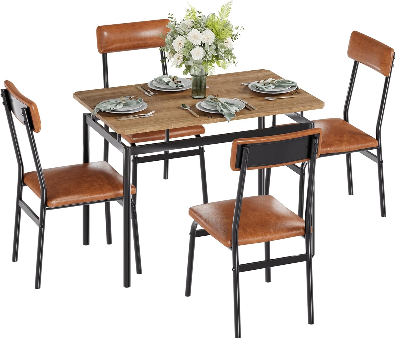5 Piece Dining Table Set Kitchen Table with 4 PU Upholstered Chair Dining Room