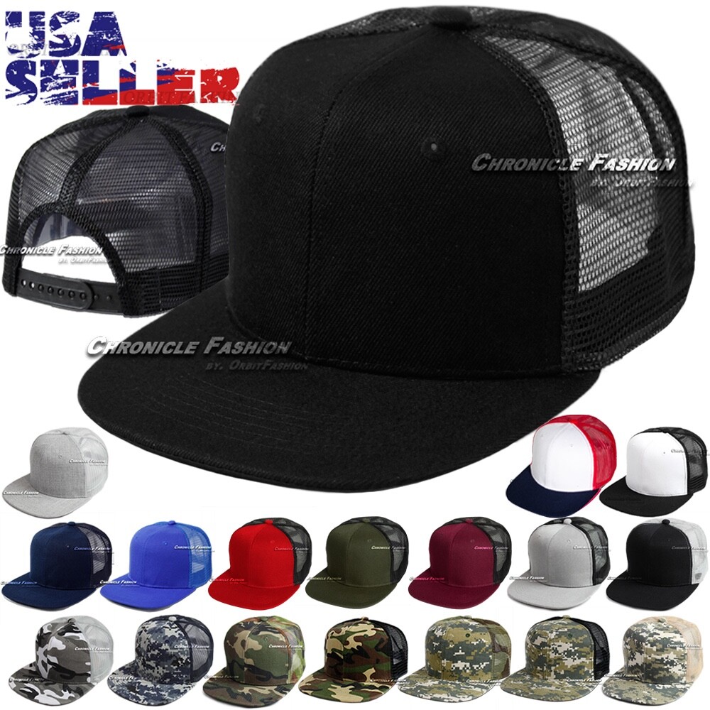 Men Flat Brim Trucker Hat Mesh Back Snapback 6 Panel Hip Hop Plain Baseball Cap