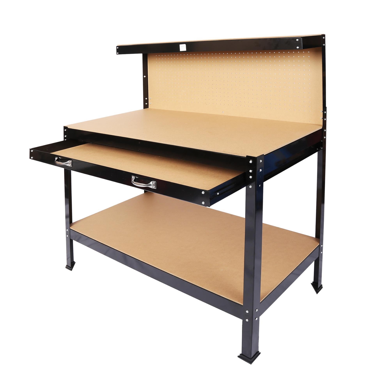 Steel Tool Workbench with 2 Drawers and Peg Board Tool Storage Work Table Black