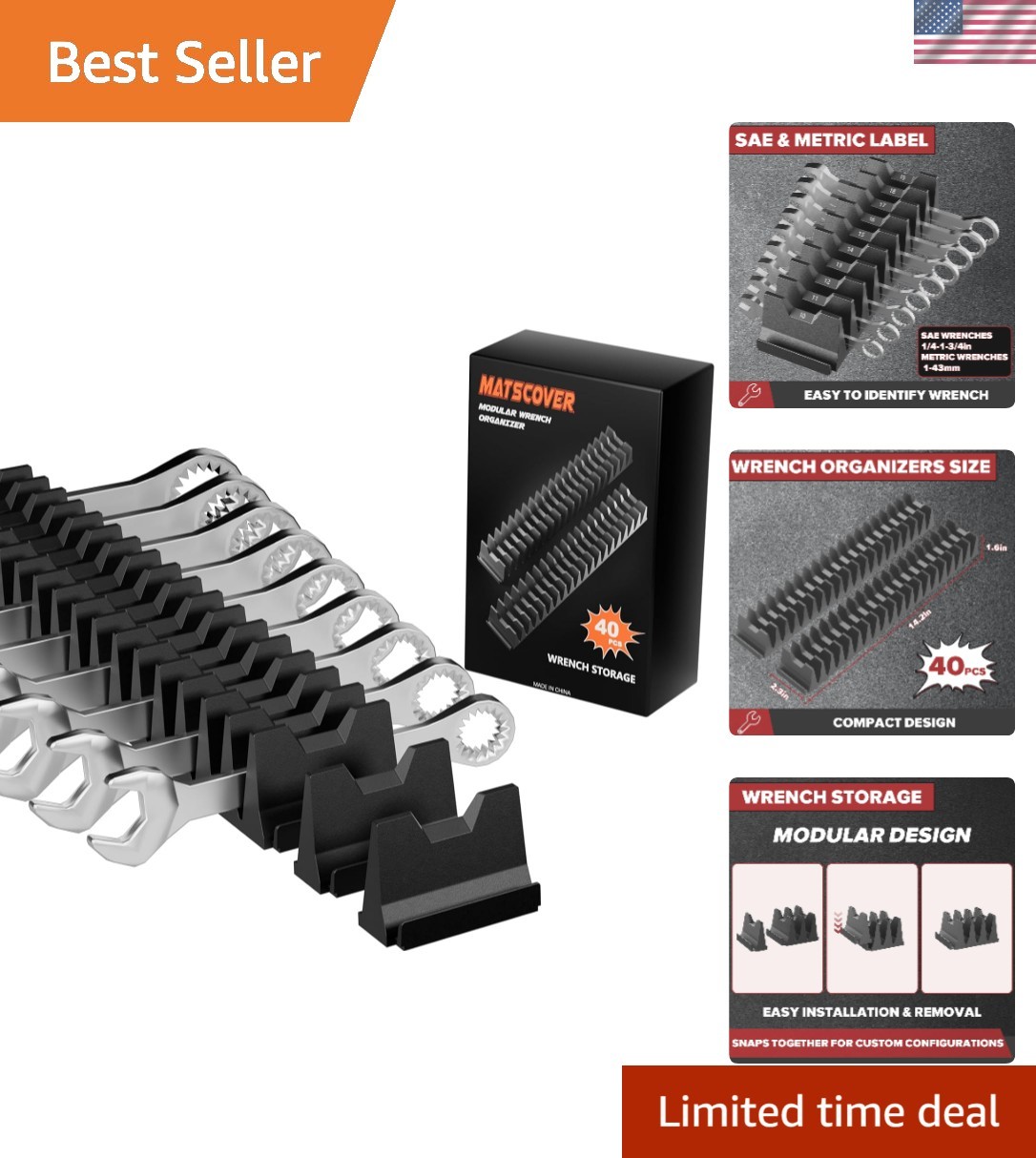 40PCS Modular Wrench Organizer Set - Efficient Tool Storage with Metric & SAE...