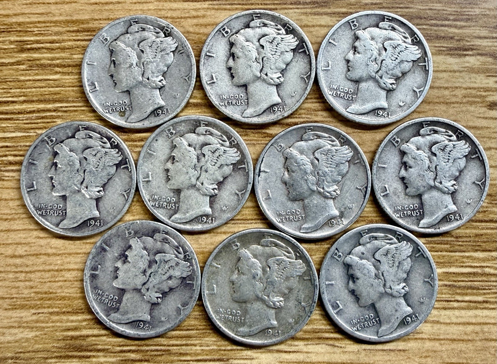 Lot of 10 Ten Mercury Dimes 90% SILVER Very Fine to Fine Circulated Condition