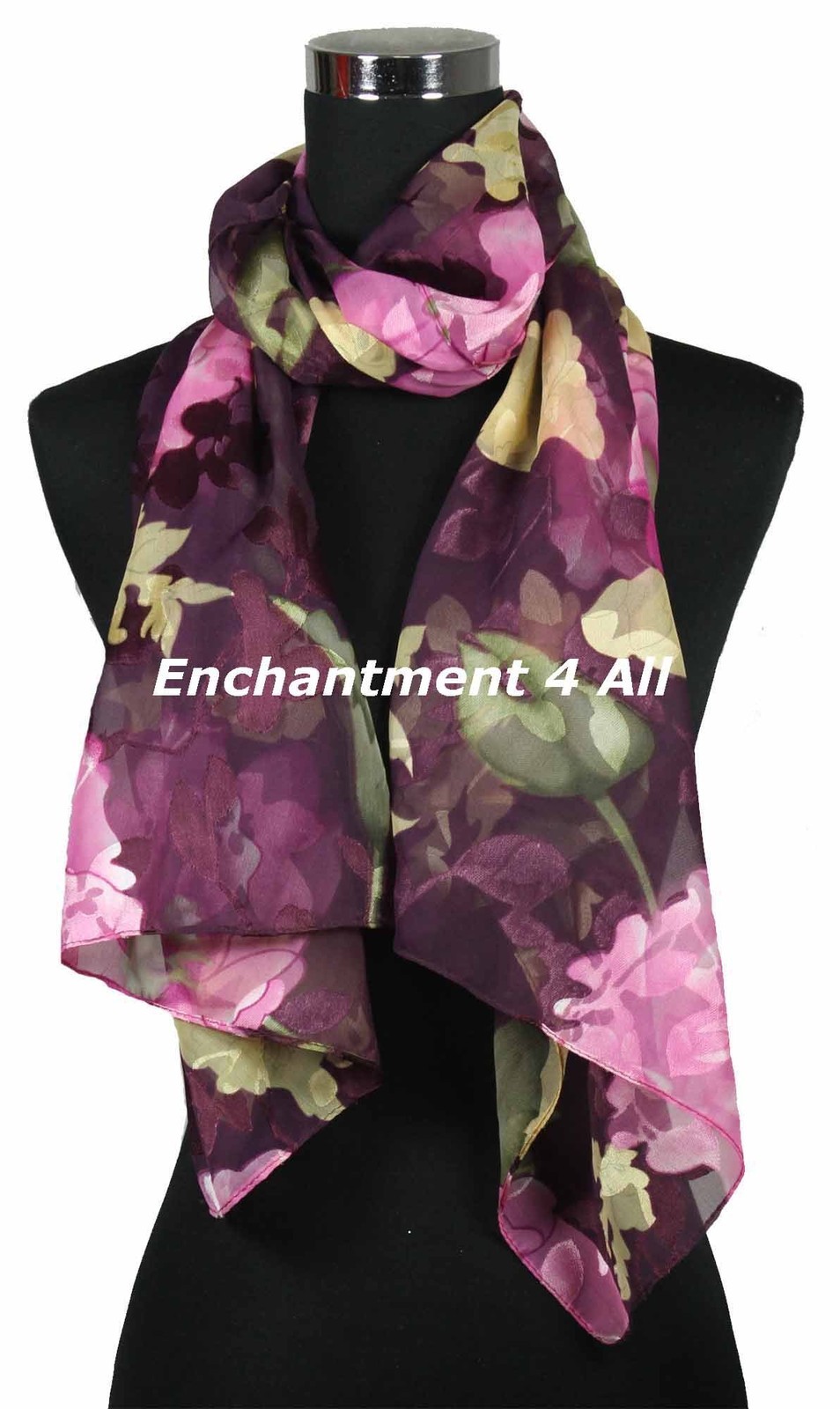 New Stunning 60"x20" 100% Pure Silk Floral Sheer Scarf Shawl Wrap, Wine