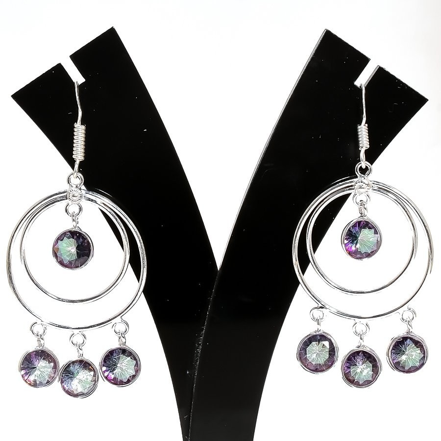 Mystic Topaz Gemstone Handmade 925 Sterling Silver Jewelry Earring Size 2.1"