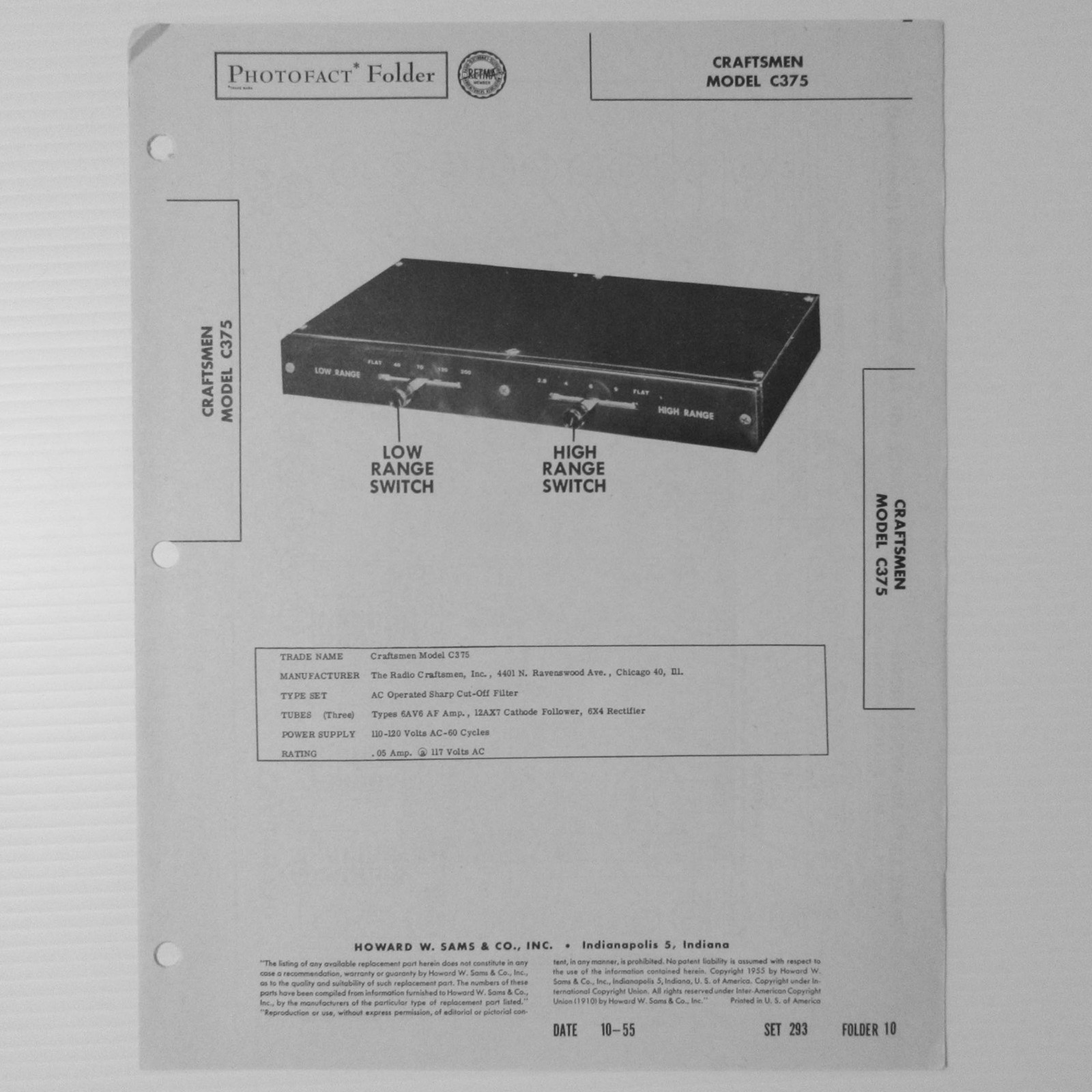 The Radio Craftsmen Model C375 Sharp Cut-Off Filter SAMS Photofact ™ 1955 New