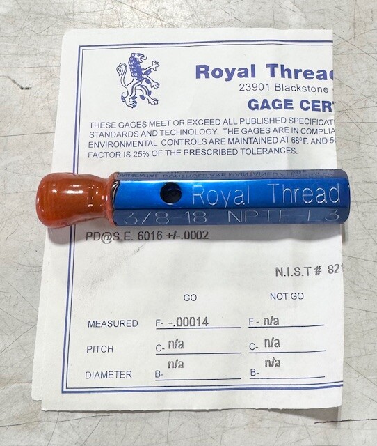 Vermont Gage 3/8-18 NPTF-L3 Plug Gage USA Made