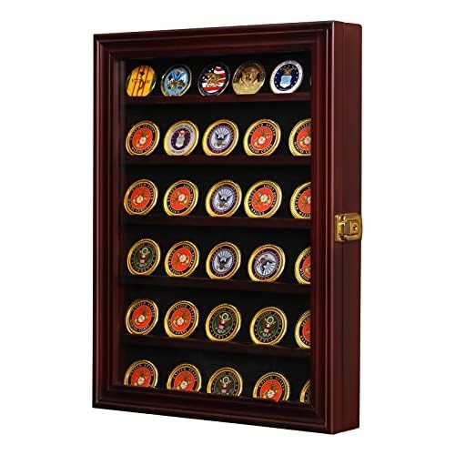 Military Challenge Coin Display Case Lockable Cabinet Rack Holder Large-Cherry
