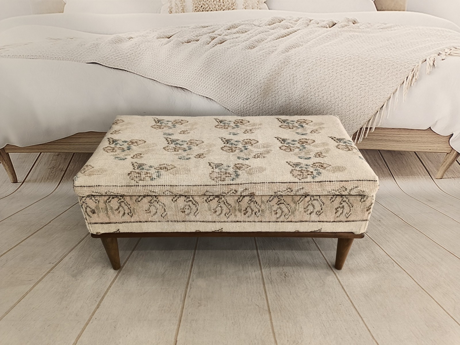 Ottoman Bench Handmade Wood Kilim Rug Storage Compartment Footstool