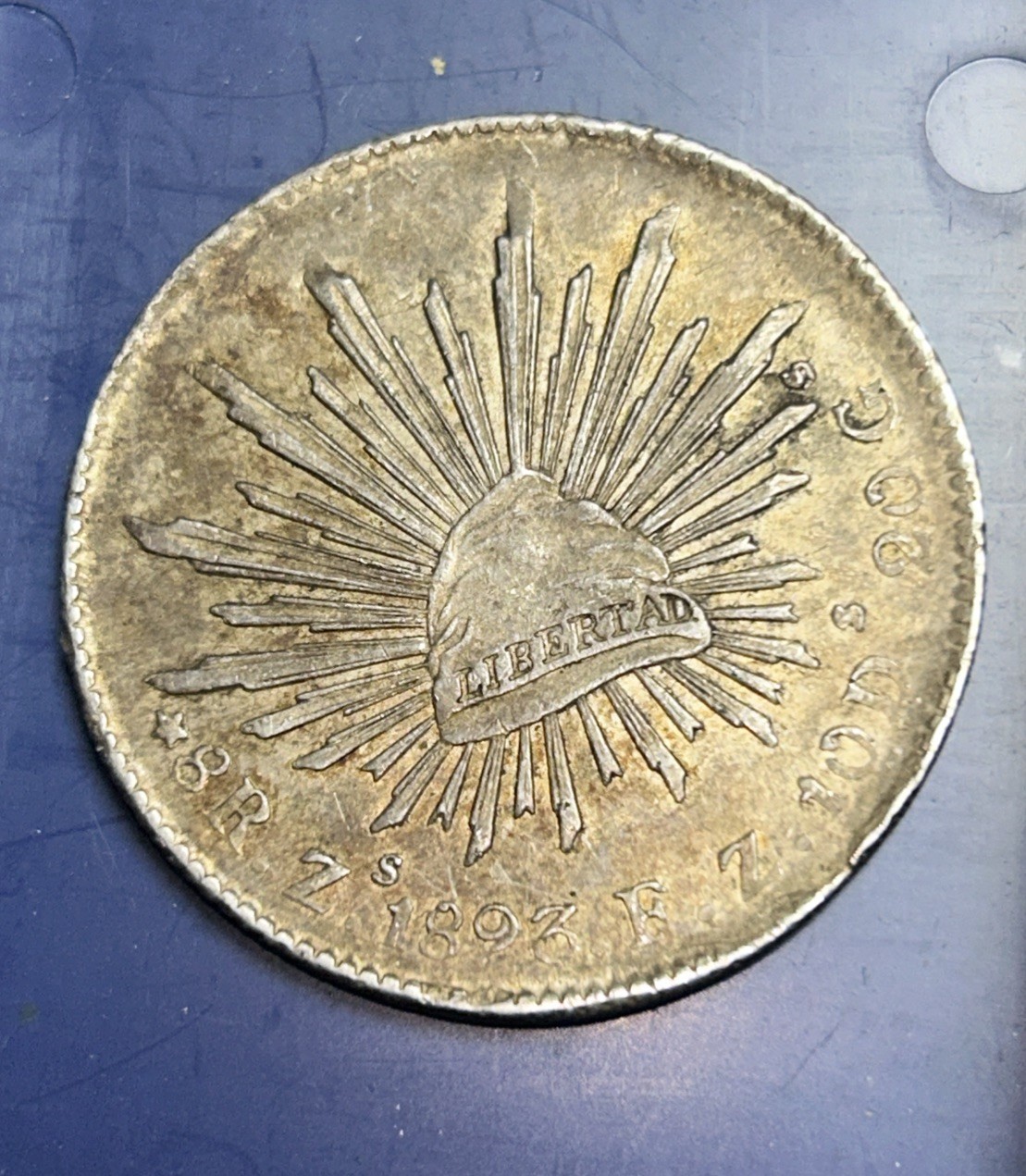 1893 (pc of) 8 Reales Silver Cap and Rays Coin Zs FZ Extra Fine+ Rare 8 Reals PQ