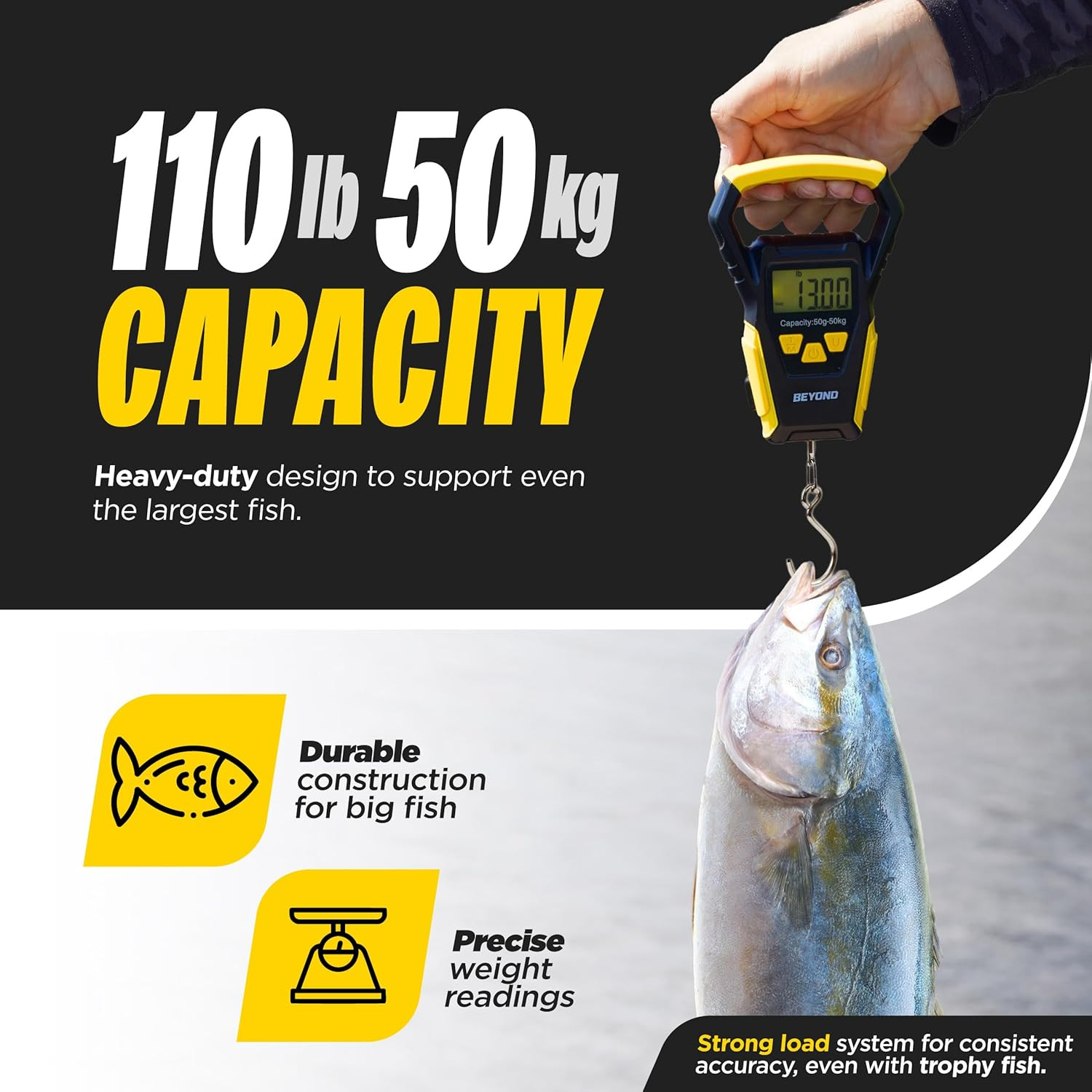 Beyond Fishing Digital Scale Built-In Tape Measure Weighs up to 110Lbs LCD Grip
