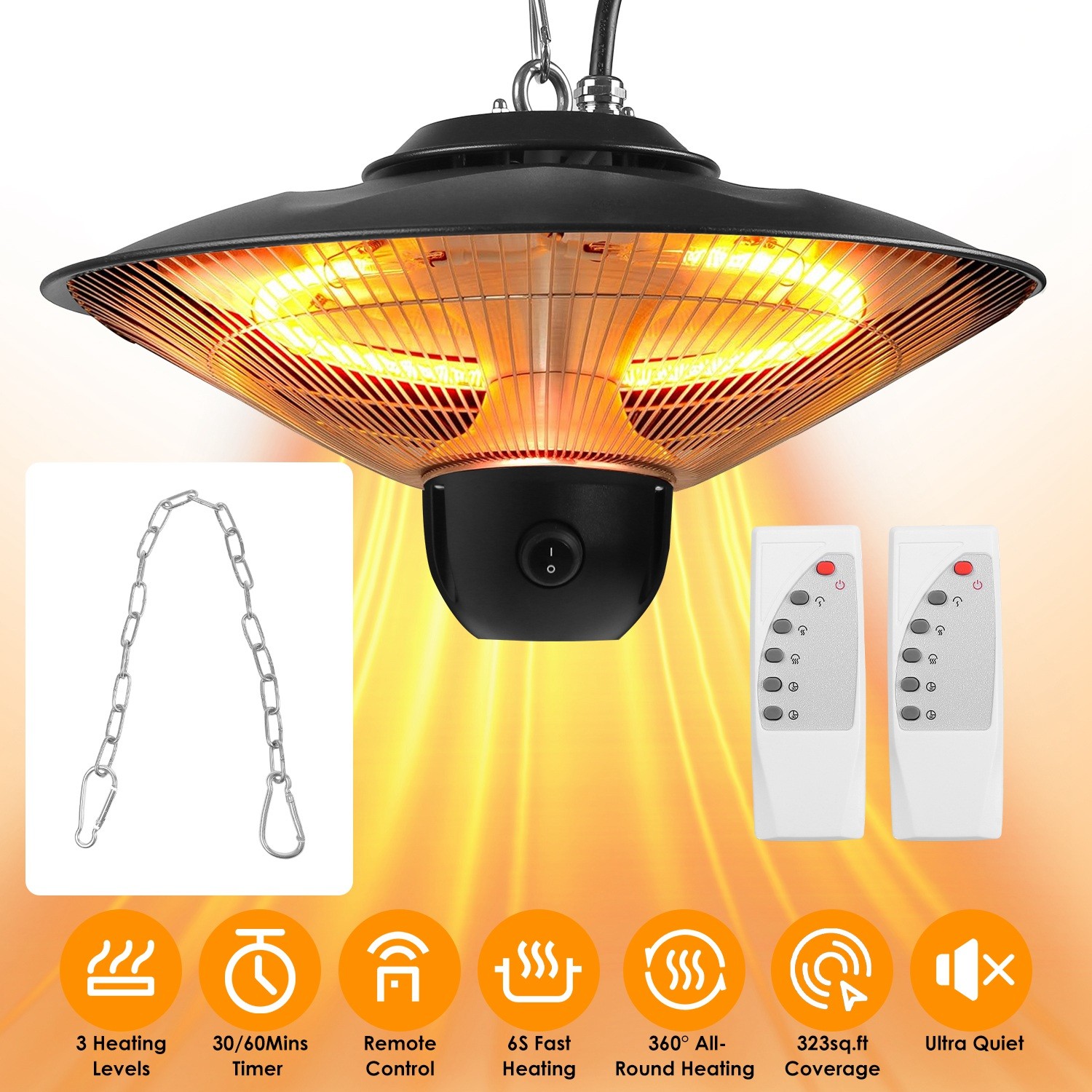 1500W Outdoor Patio Heater in Sleek Black w/ Remote Control and 3 Heating Levels