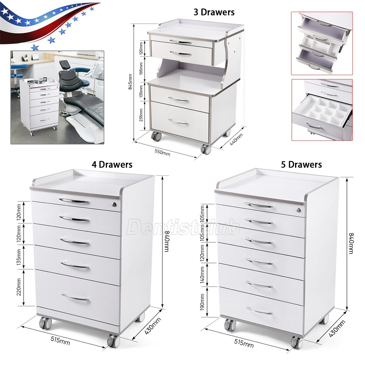 Carro de gabinete de almacenamiento móvil dental portátil con 3/4/5 cajones