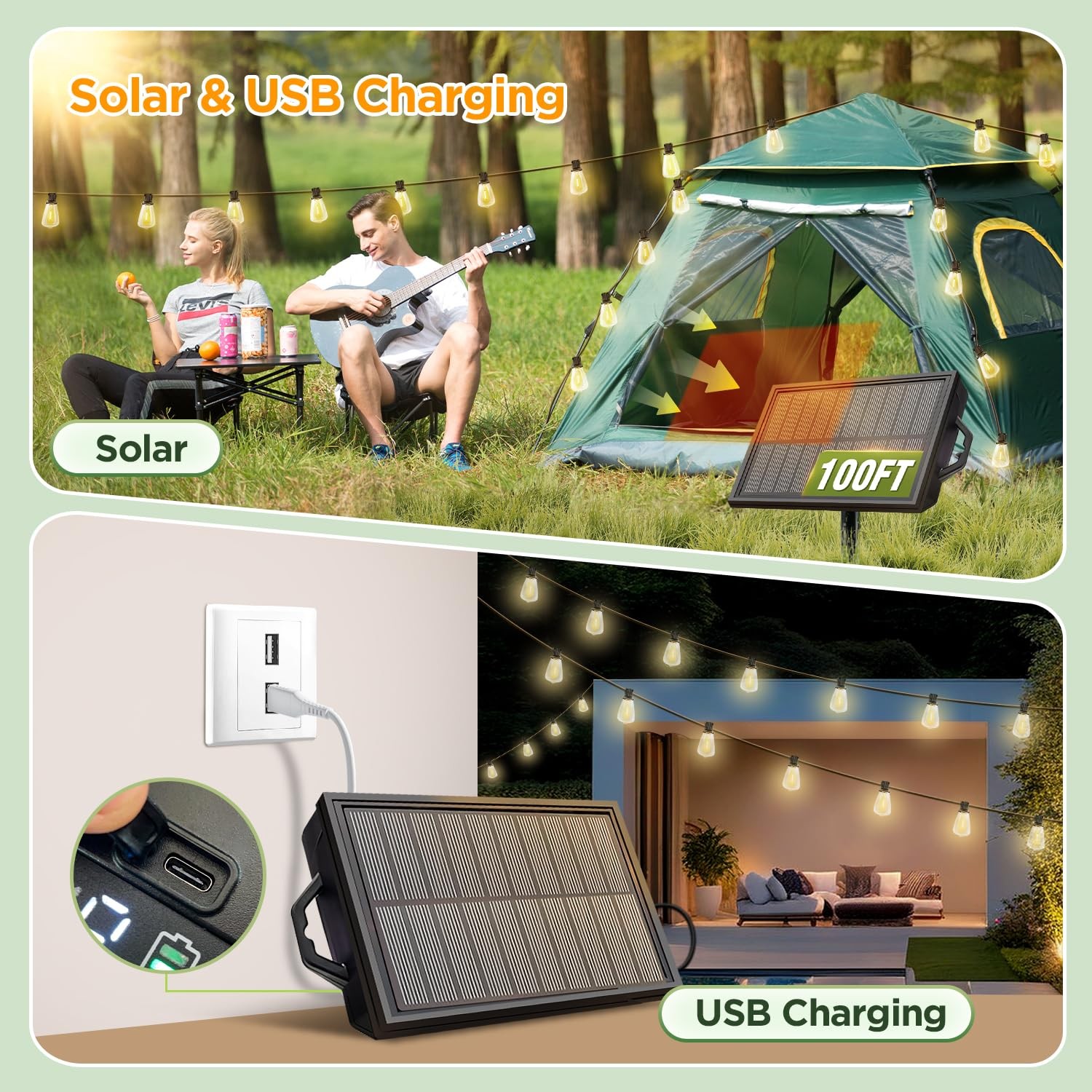 Outdoor Wedding Patio Lights - 100ft Solar LED String Remote Timer