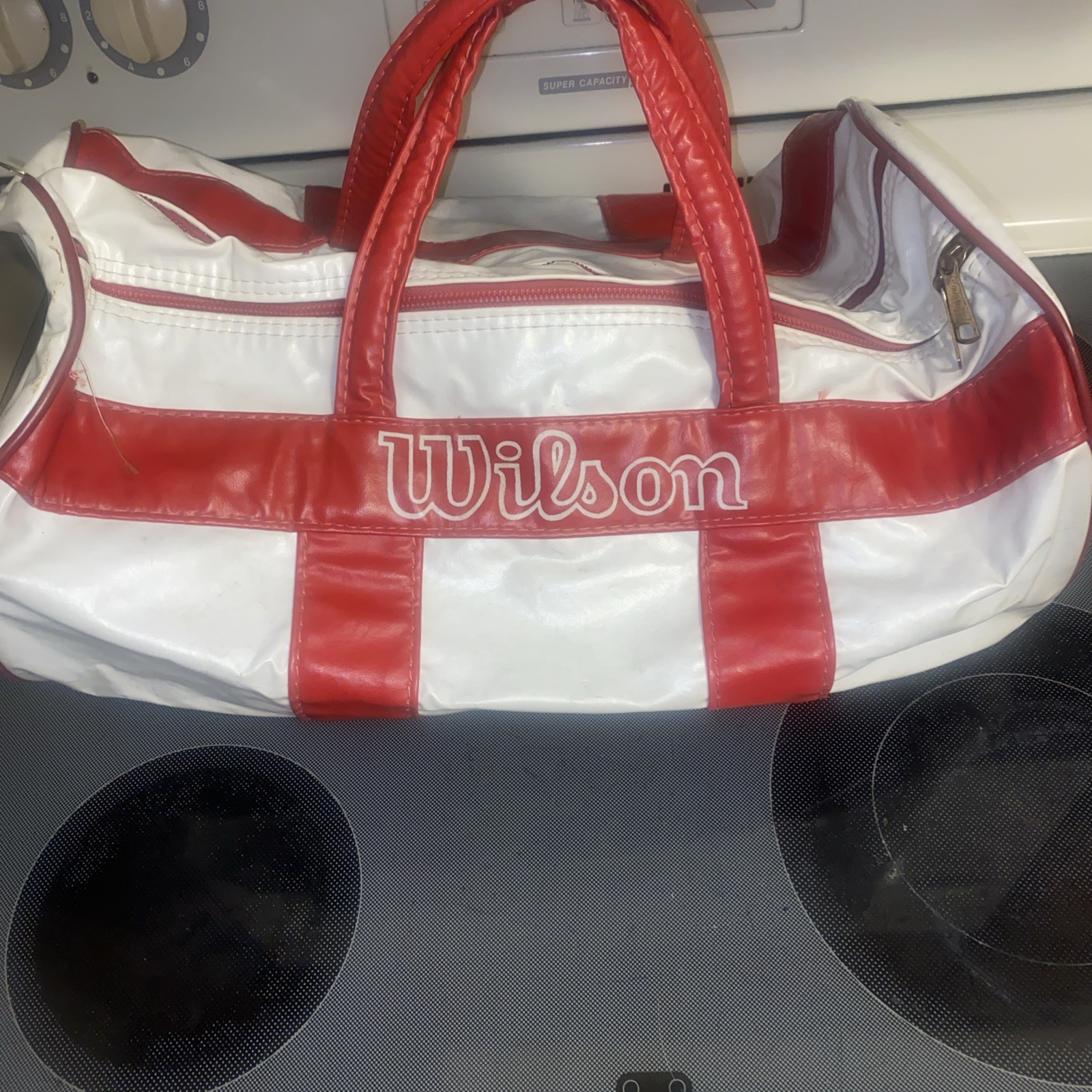 Vintage Wilson Gym Duffle Bag Faux Leather.  Zippers Work 20”x14”x 9” Retro USA