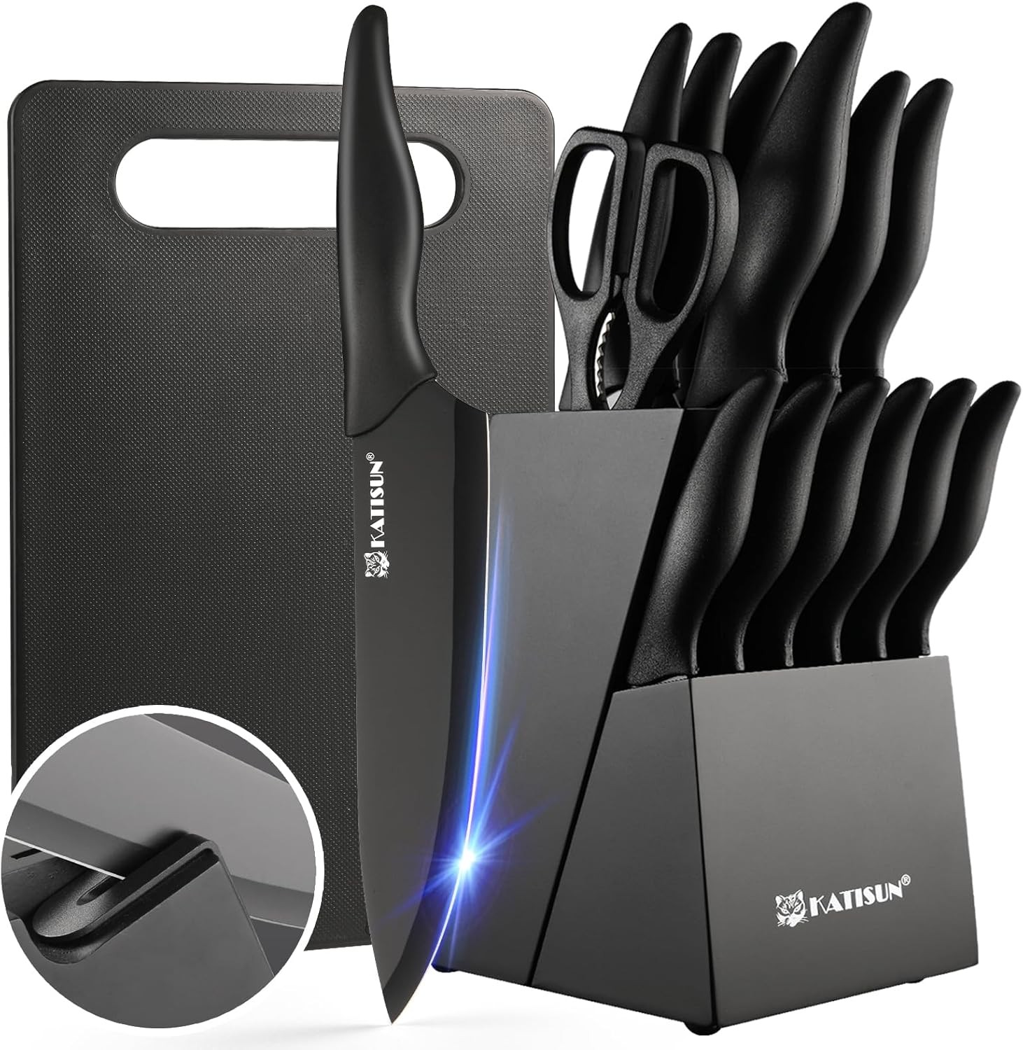 16 Pieces Kitchen Knife Block Set with Cutting Board, German Stainless Steel ...