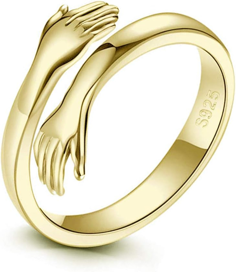 14K Gold Plated 925 Sterling Silver Hug Rings Adjustable Open Hugging Hands Gift