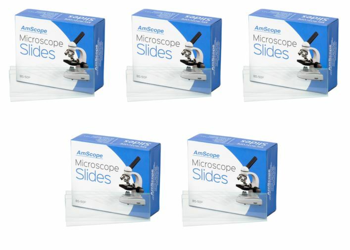 AmScope 5-Pack of 50 Microscope Slides Ground Edges Pre-Cleaned Clear Glass 250