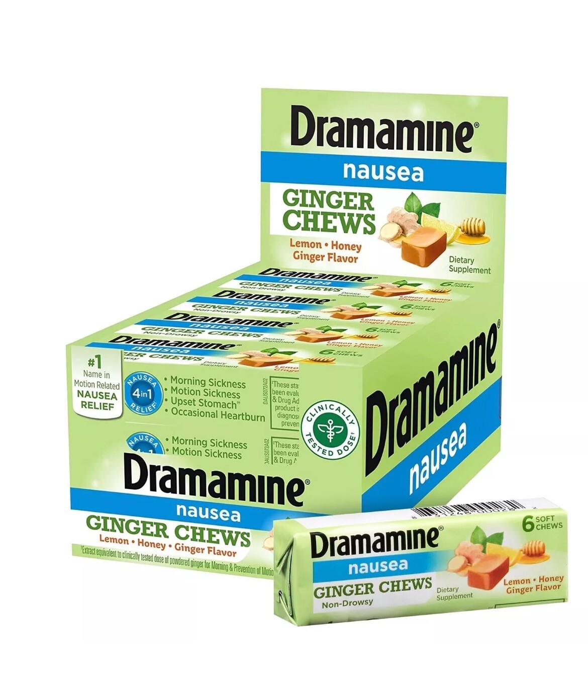 12-ctDramamine Ginger Chews Nausea Relief Soft Chews Lemon-Honey-Ginger 6 (1/25)