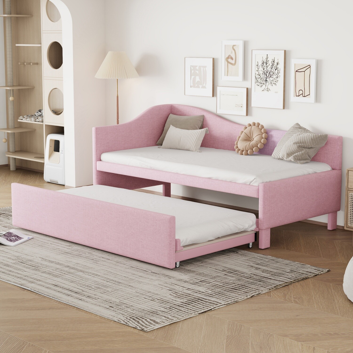 Twin Size Daybed Linen Upholstered Bed Frame Sofa Bed with Pull Out Trundle Bed