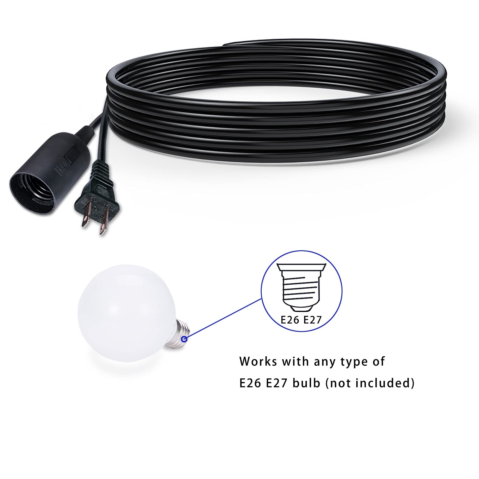 2pack Hanging Light Cord15 Ft Plug In Pendant Light Cord With On/off Switch E26