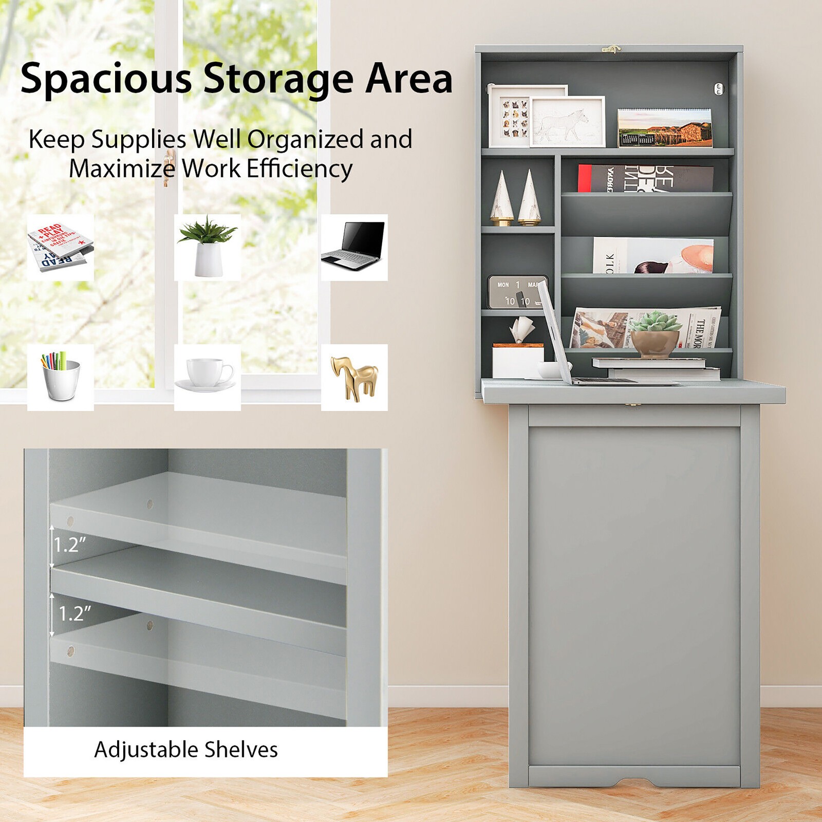 Wall Mounted Computer Convertible Desk Floating Desk w/ Storage Bookcases Grey