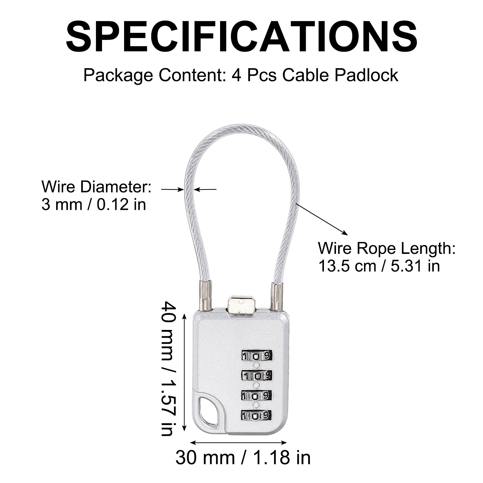 4Pcs Combination Cable Padlock with 5.3" (13.5cm) Flexible Cable, Silver