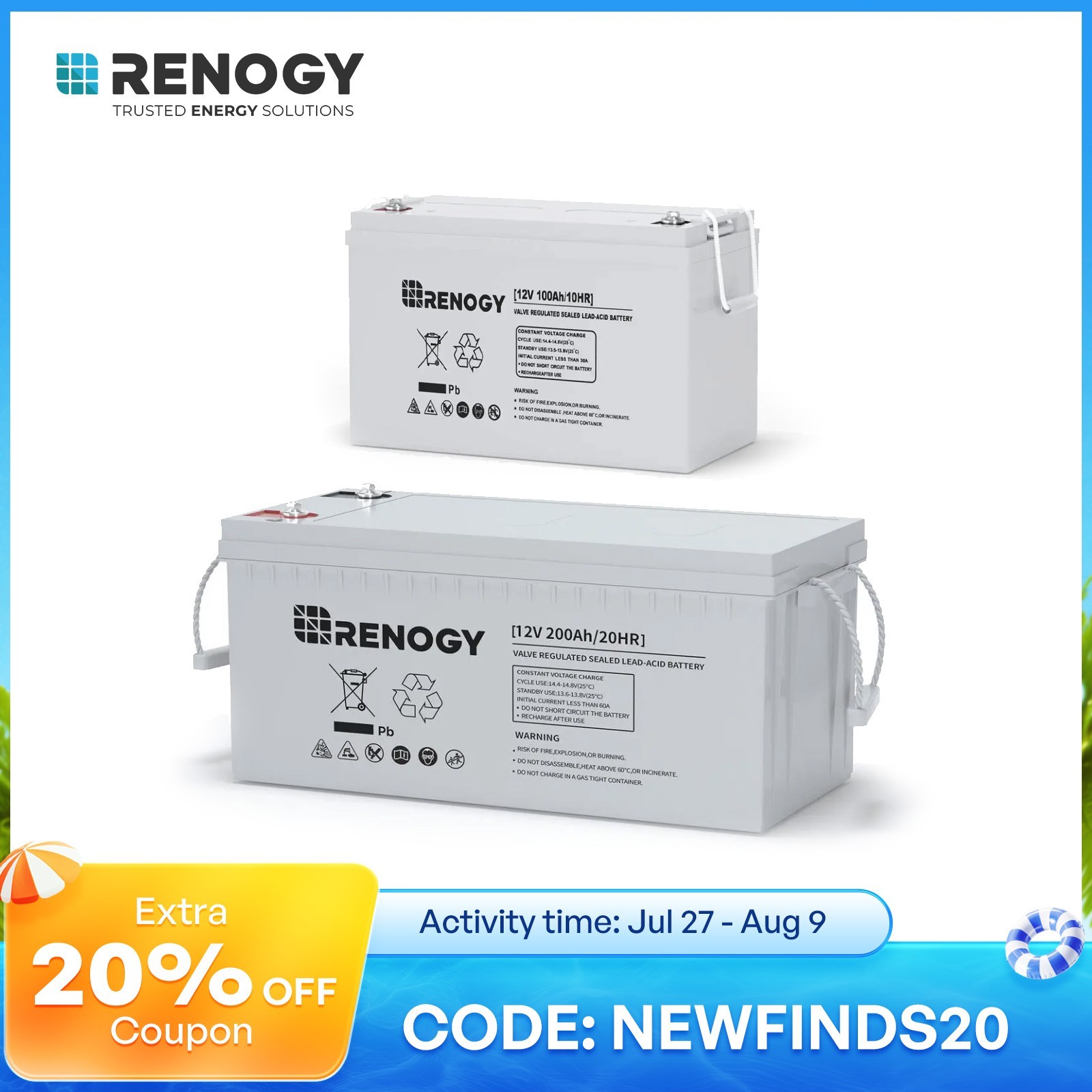Renogy 12V 100Ah 200Ah Deep Cycle AGM Battery Rechargable for RV Marine Off-Grid