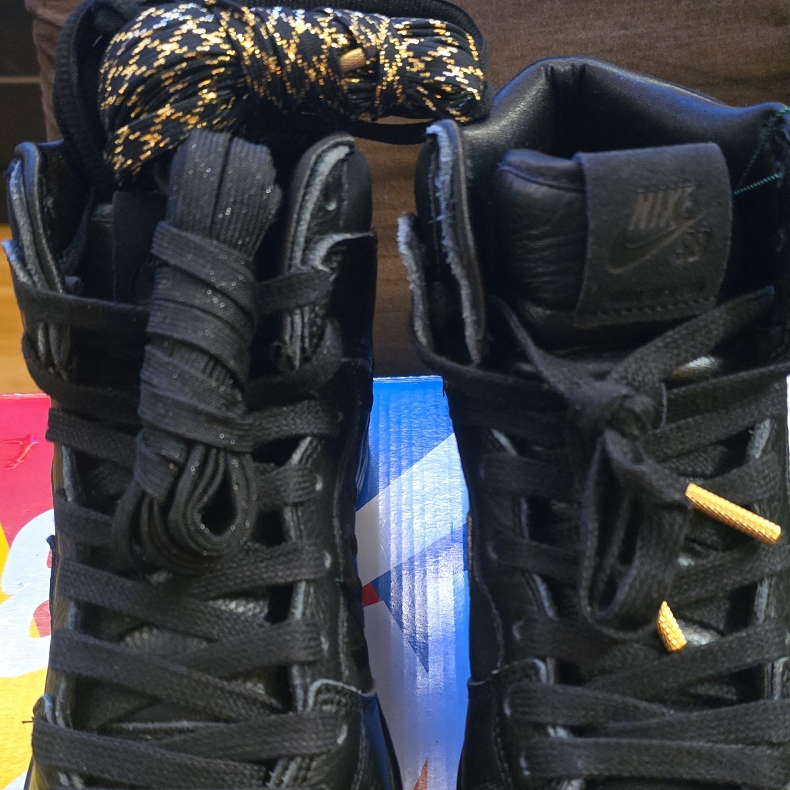 Nike SB Dunk High Pro QS Black Gold Skateboarding Shoes Men's Sizes 8.5 & 10