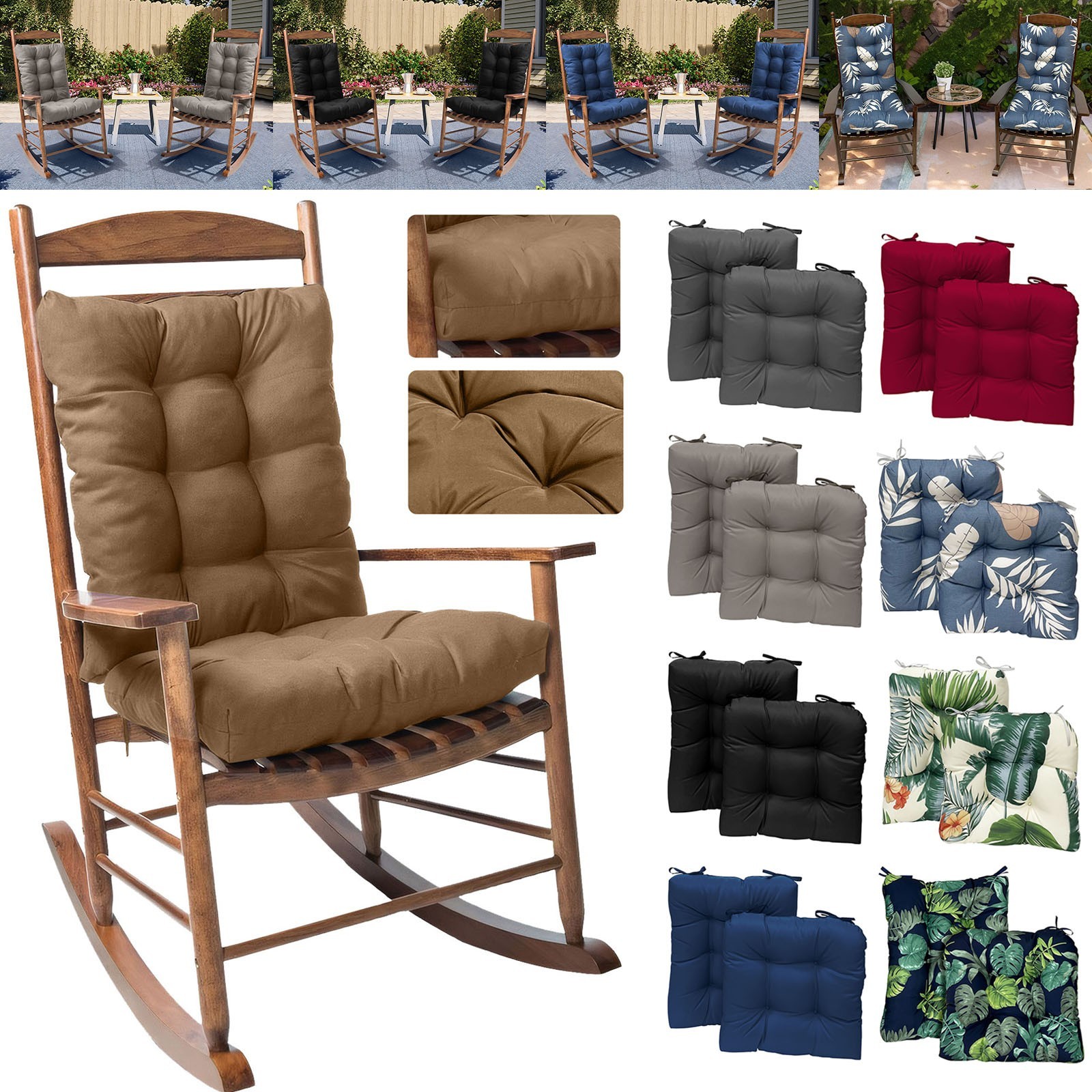 2 Pack Indoor Outdoor Patio Cushions Rocking Chair Seat Cushion Set with Ties US