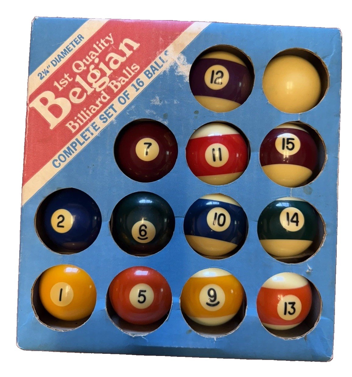 Belgium Billiard Balls Complete Set of 16 Balls, 2 1/4” Diameter Aramith