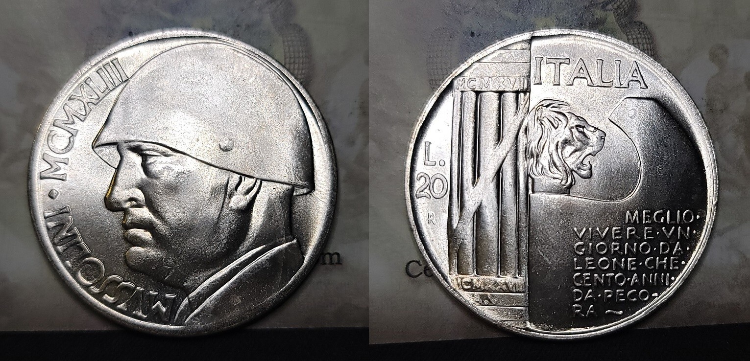 Italy (1943) Mussolini 20 Lira Fantasy Coin BU