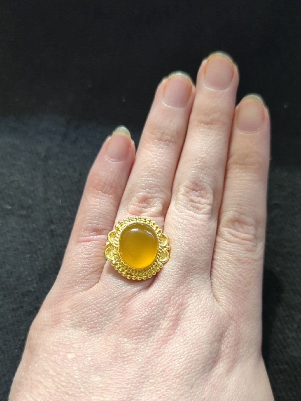 Gold Plated Yellow Agate Gemstone Oval Statement Ring - size 7