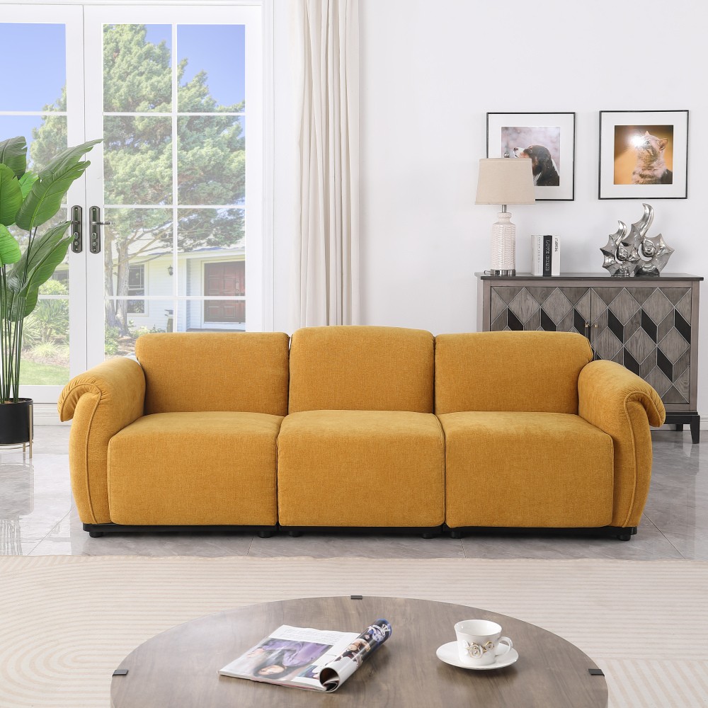 Modern Yellow Chenille 3 Seater Sofa w/ Square Arms - Free Shipping