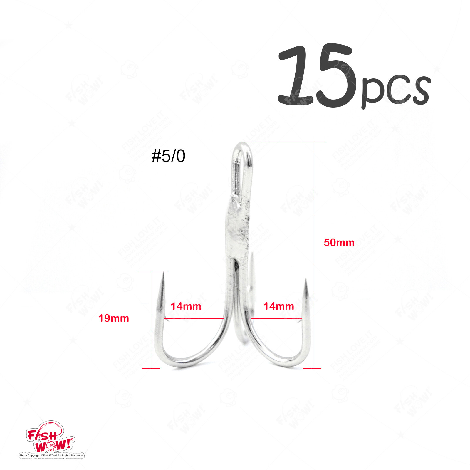 15pcs 5/0 Fish WOW!® Fishing 3x Treble Nickel Hook super Sharp hi-carbon hook