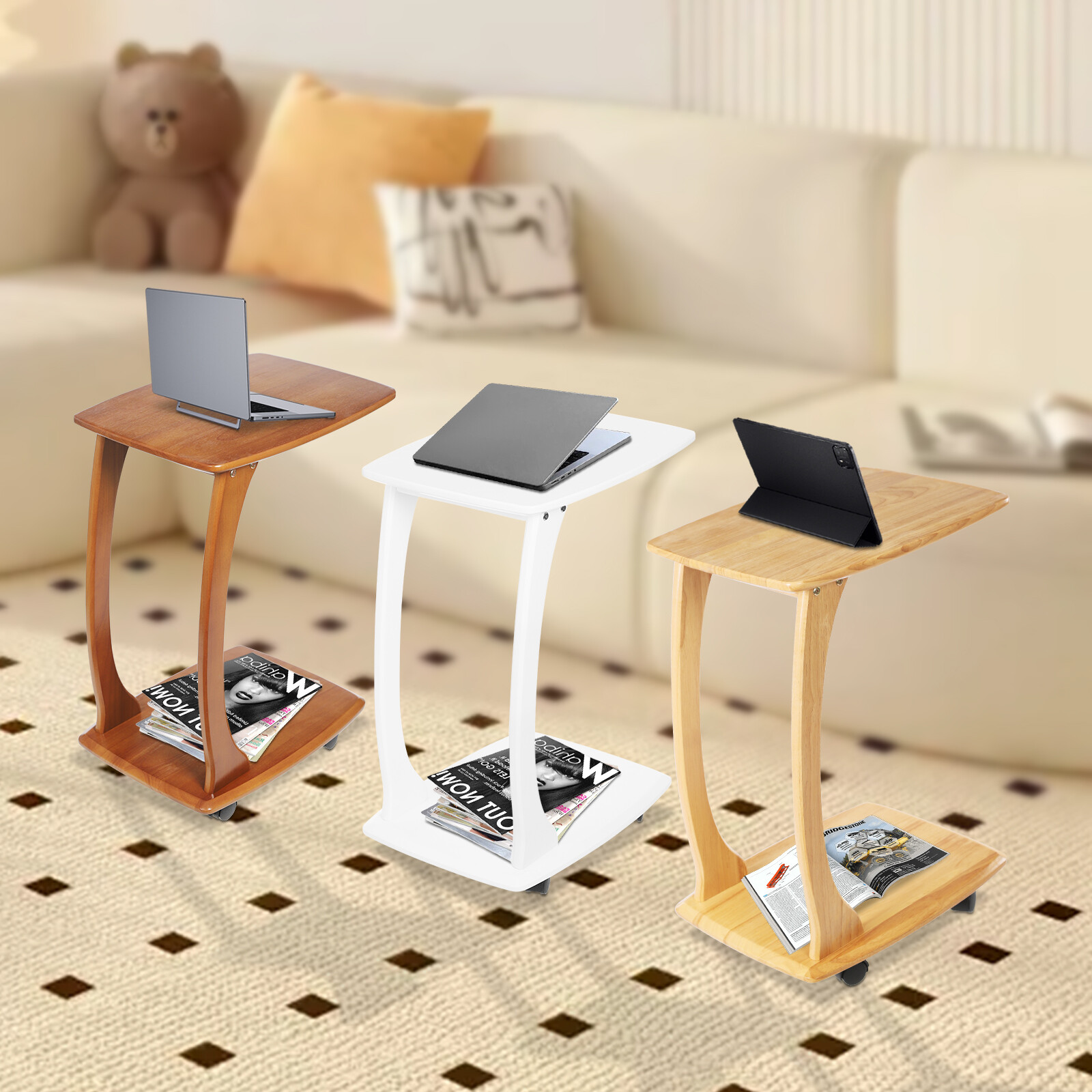 C-Shaped Side Table Floor Standing Solid Wood End Table With Wheels 24.8 inches