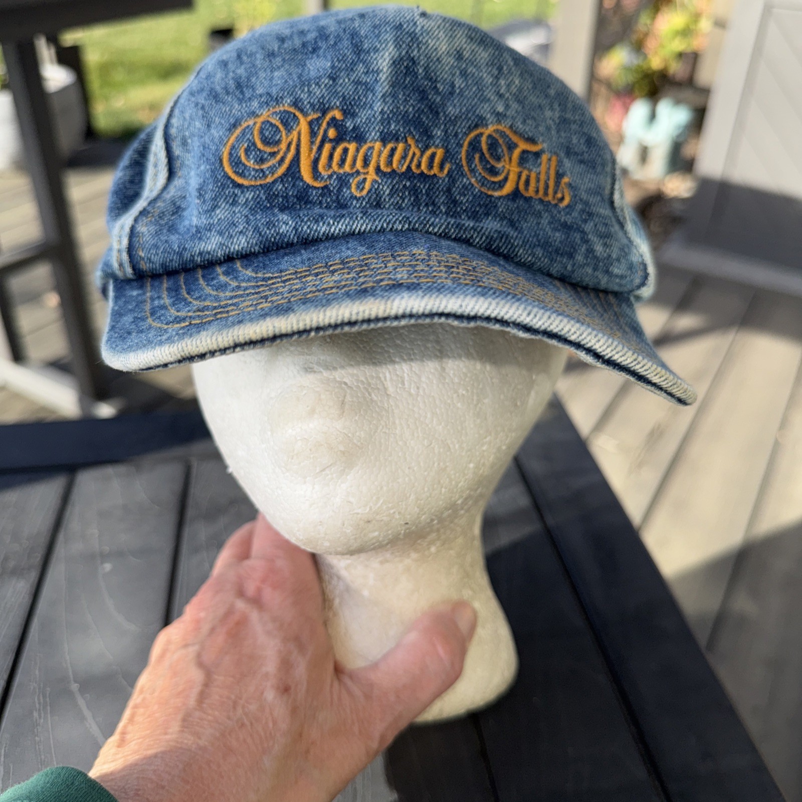 Niagara Falls in gold Script on Washed Denim 5 panel Hat Cap w Bill SnapBack